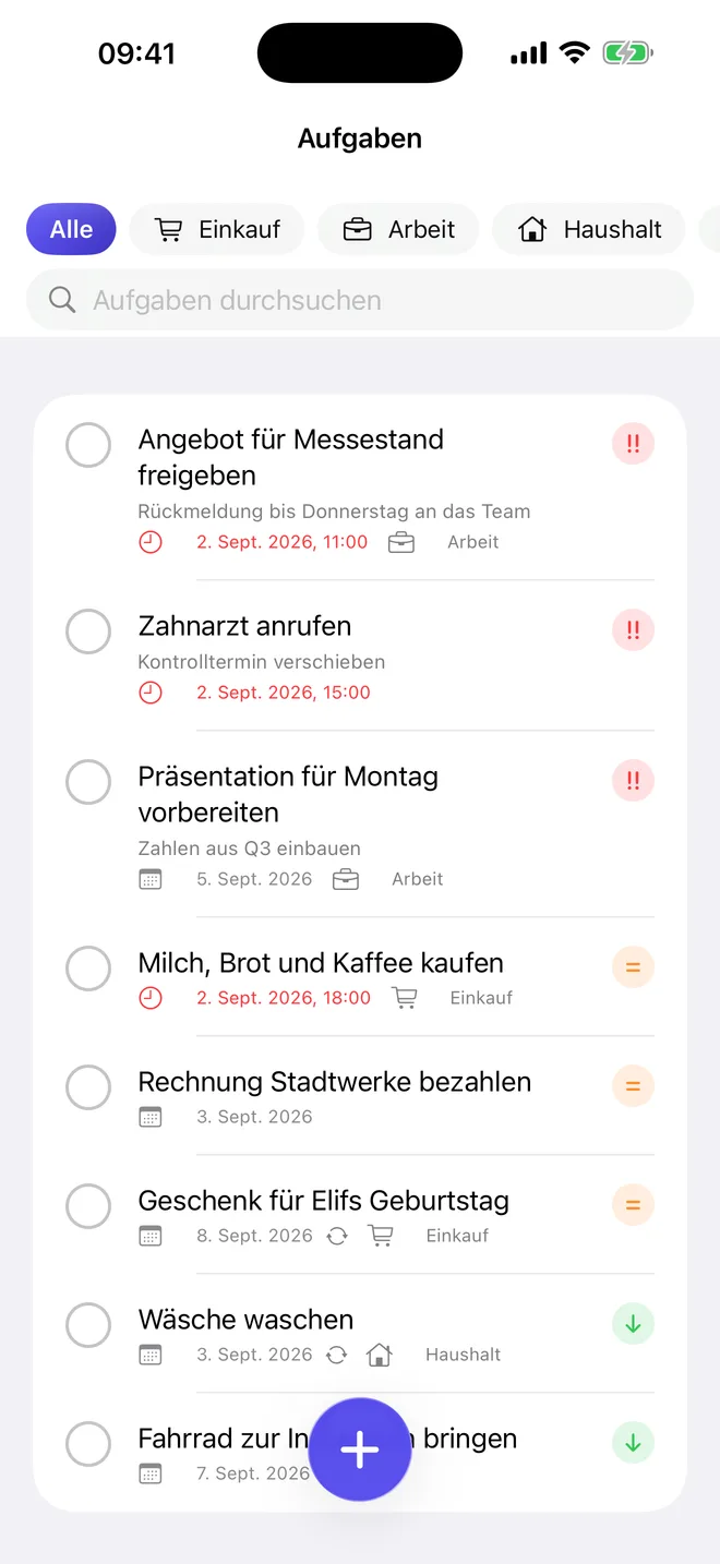 Aufgabenliste mit Prioritäten, Kategorie-Filtern und Suchfeld