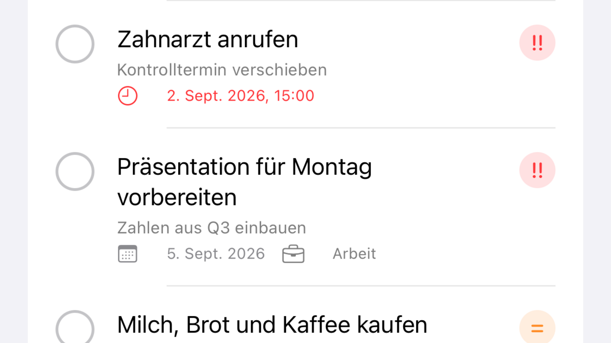 Aufgabenliste mit Prioritäten, Kategorie-Filtern und Suchfeld